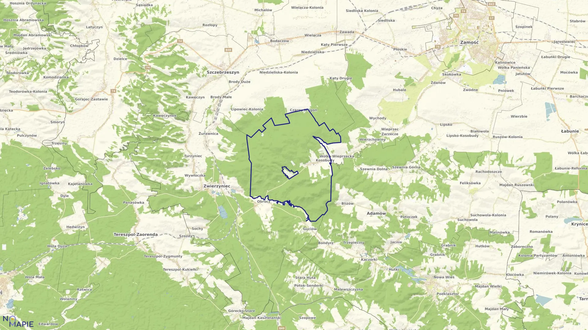 Mapa obrębu Kosobudy w gminie Zwierzyniec