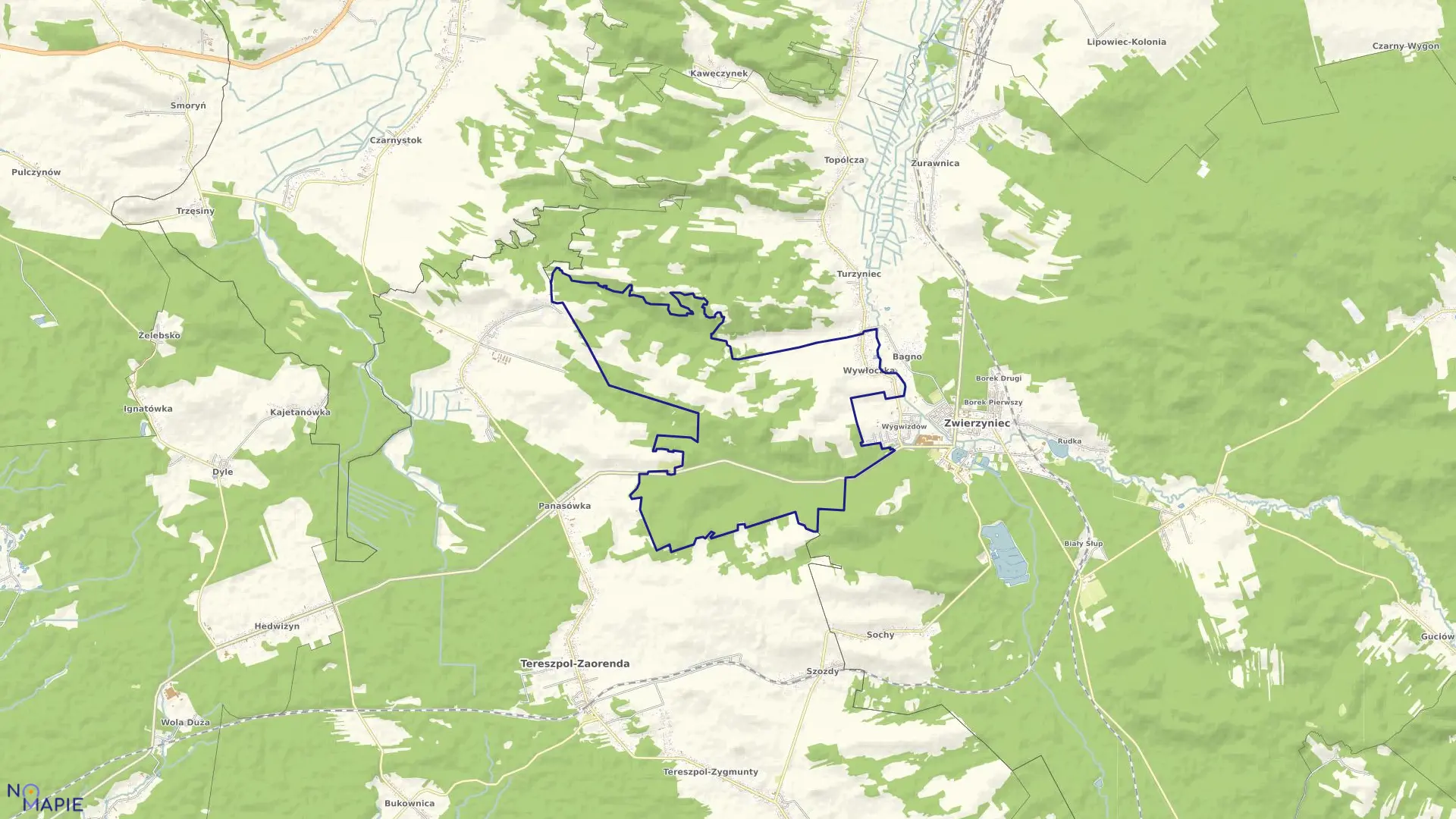 Mapa obrębu Wywłoczka w gminie Zwierzyniec